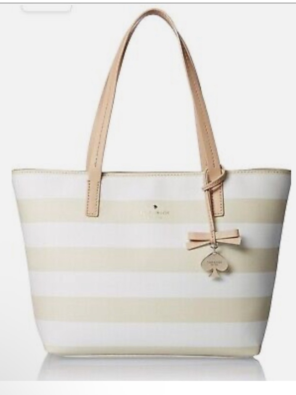 Kate Spade Hawthorne Lane Ryan Striped Tote Leather Trim Tan/Cream Summer Bag Lg